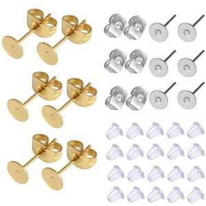 Gold and Silver Earring Posts Flat Pad Blanks Pin Studs and Clear Rubber Backs